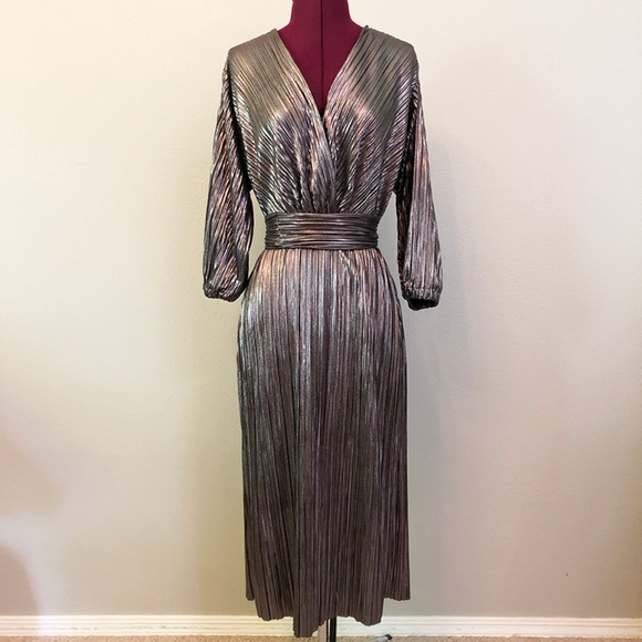 Zara Dresses & Skirts - Zara | Crinkled Metallic Wrap Dress w/ Waist Tie